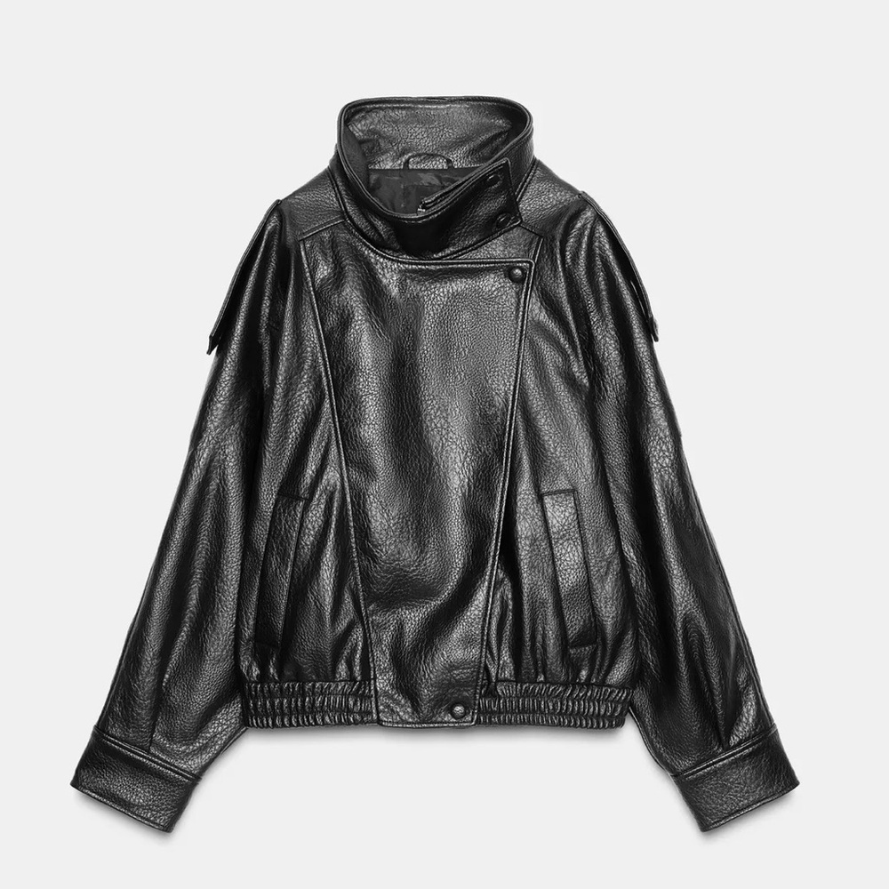 Zara Black Leather Bomber Jacket - Women's Oversized Coat